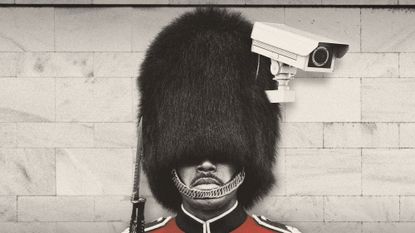 Royal guard with a CCTV camera emerging from his bearskin hat