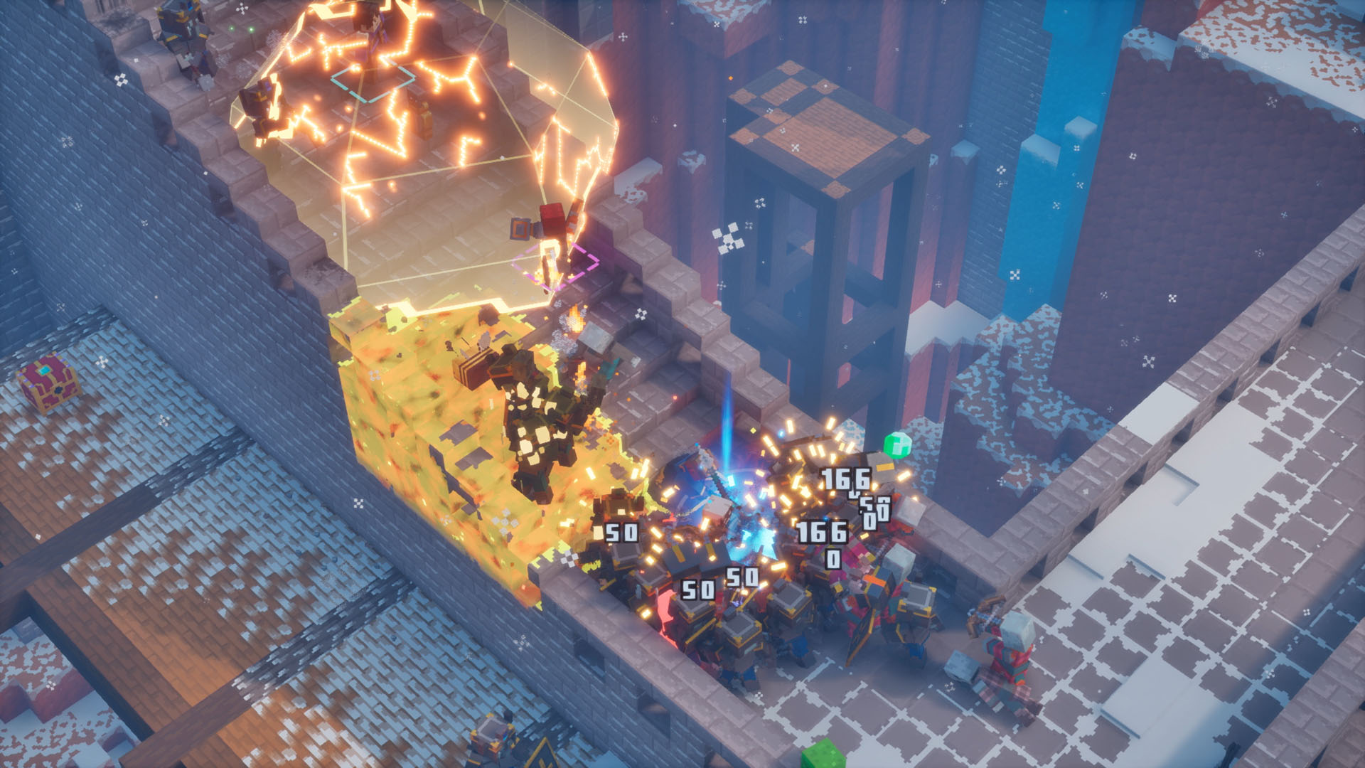 Players progress down snowy, stone steps in Minecraft Dungeons 2 surrounded by enemies and red goo