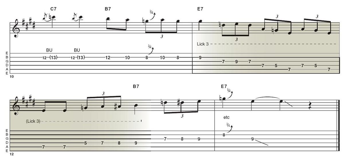 Lick 3: This is a typical minor pentatonic move you'll find in a lot of Clapton's playing. While it could be used as something of a 'filler' lick, it's so Clapton that we've highlighted it. It also pinpoints the underlying chords nicely.