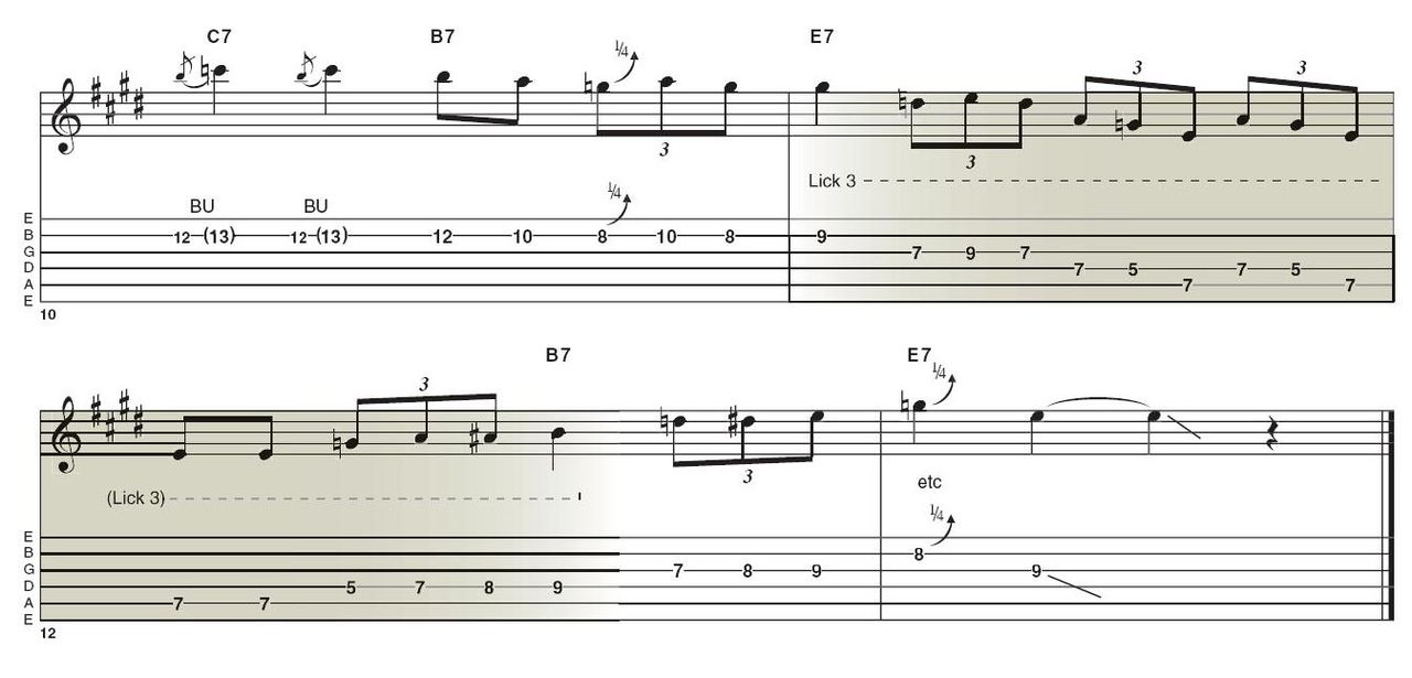 Lick 3: This is a typical minor pentatonic move you'll find in a lot of Clapton's playing. While it could be used as something of a 'filler' lick, it's so Clapton that we've highlighted it. It also pinpoints the underlying chords nicely.
