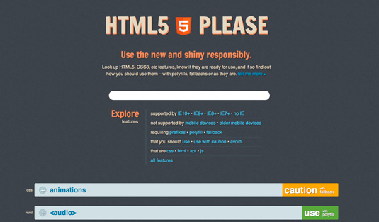 The HTML5 Please site encourages developers to 'use the new and shiny responsibly'