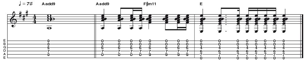 Example 18: Open String Add9 - This add9 idea is centred around open strings to provide colour. Open B and E add a 9th and 5th respectively to A major, and then the same strings create a 5th and root note for the E chord. This is a highly effective trick and a great way of layering parts without simply playing barre chords.