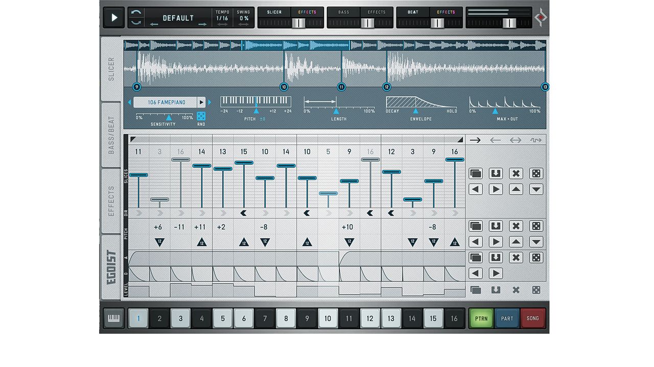 The central slice arranger is a sequencer for specifying which slices play when, and in what direction