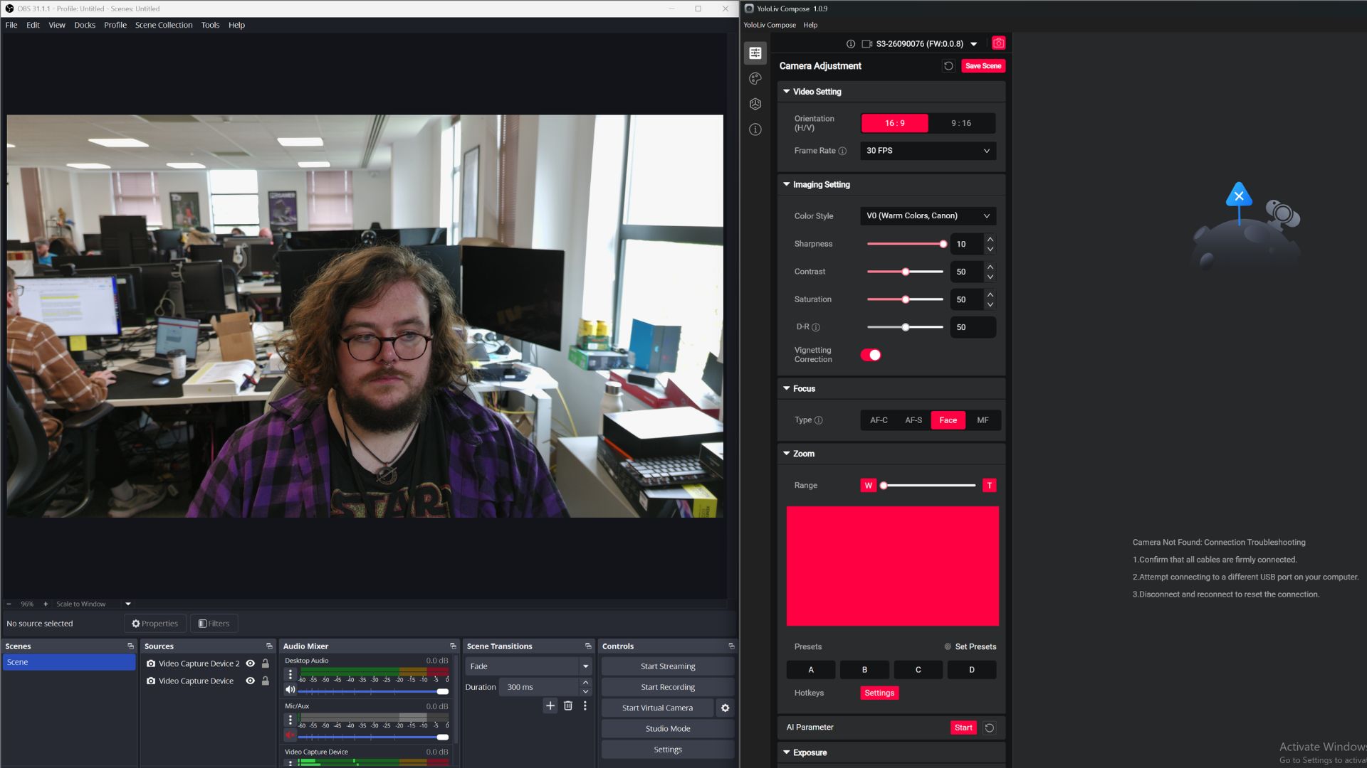 Yololive YoloCam S3 webcam settings with vignette correction on