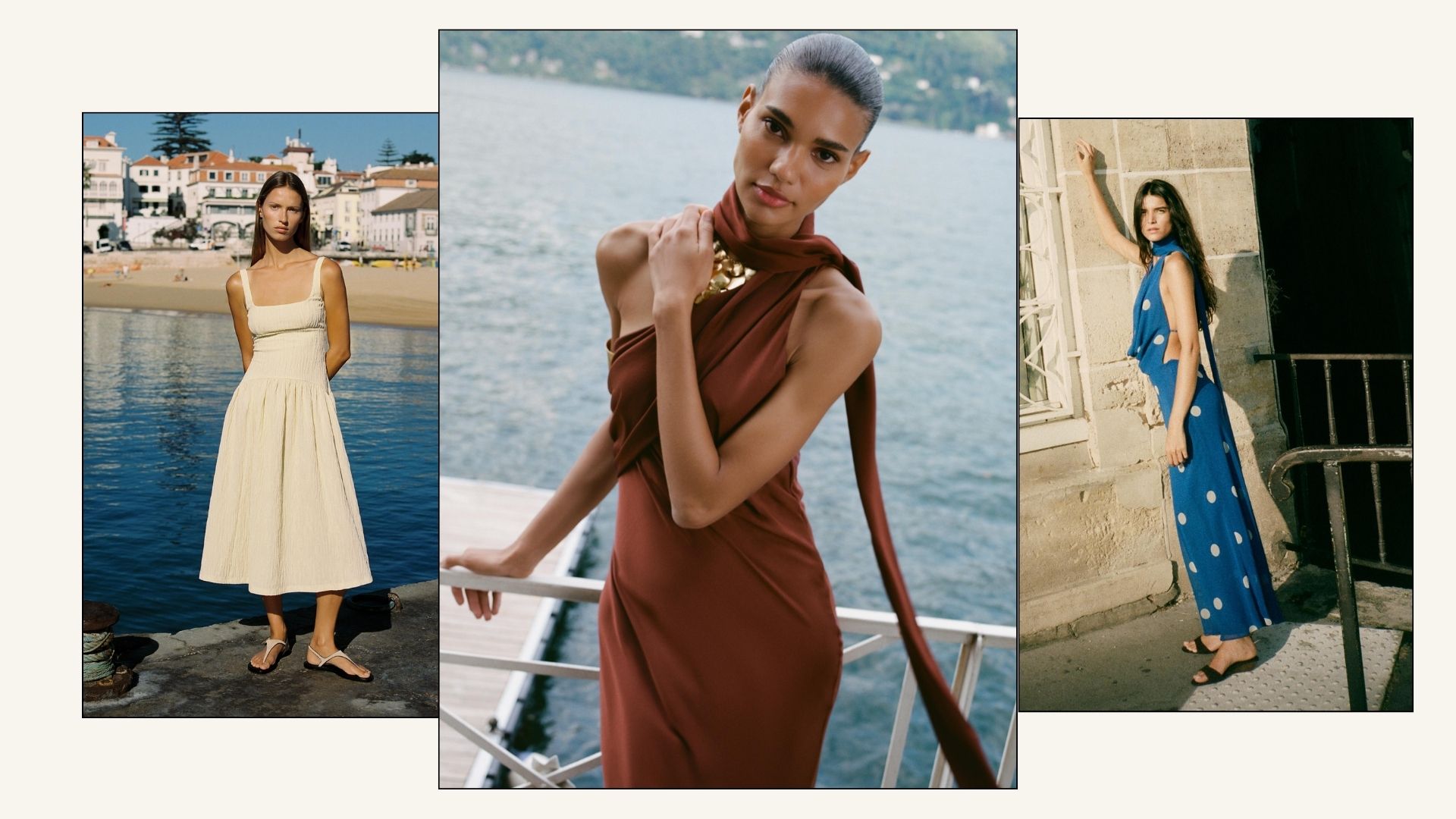 Moderls wearing zara dress trends - polka dot, square neck and scarf dress