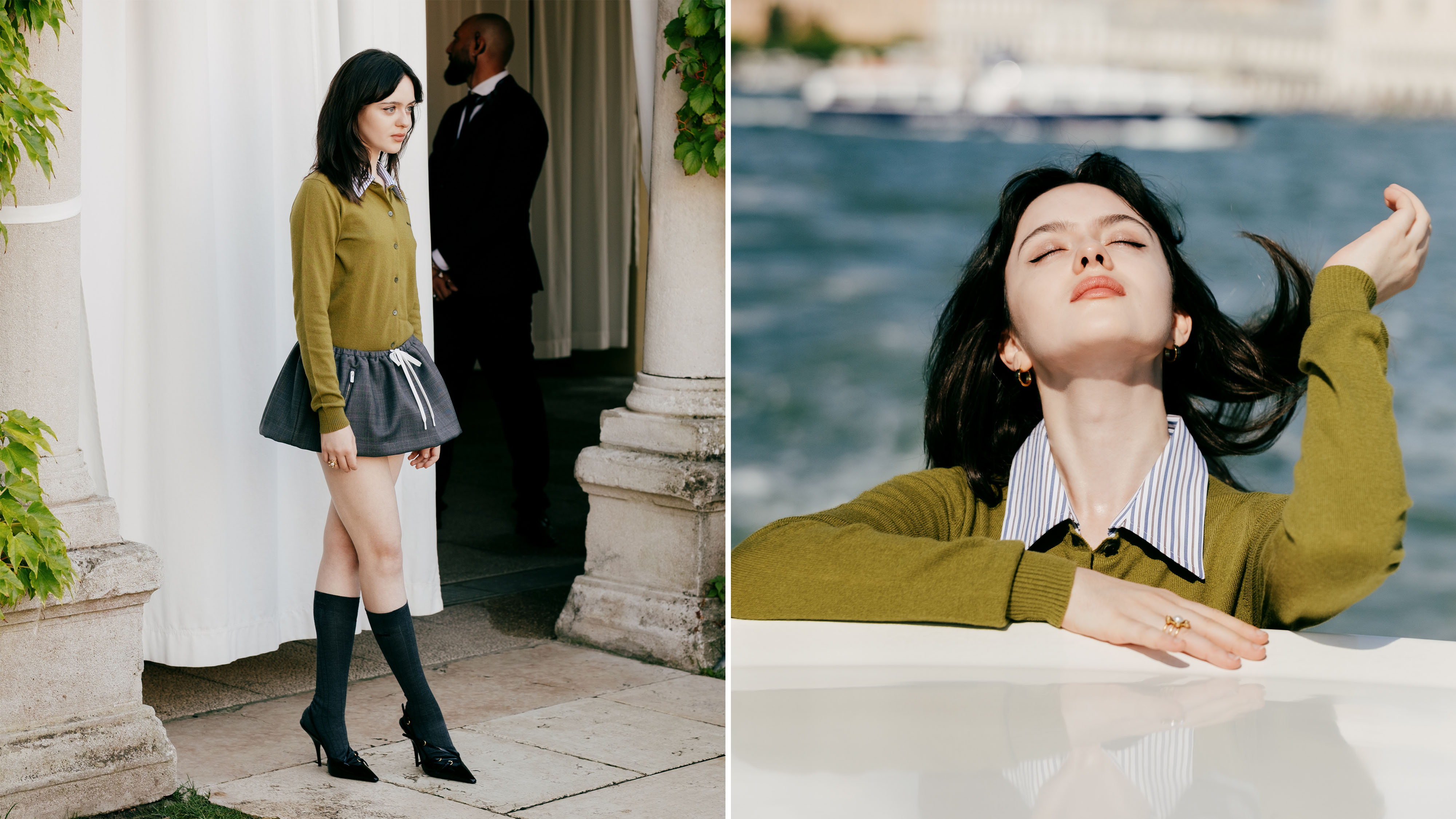 Hero image for Viola Prettejohn's Venice Film Festival photo diary for Who What Wear. She is showing wearing a look by Miu Miu featuring an olive green cardigan and gray mini skirt with drawstring detailing, knee-high socks and heels. 