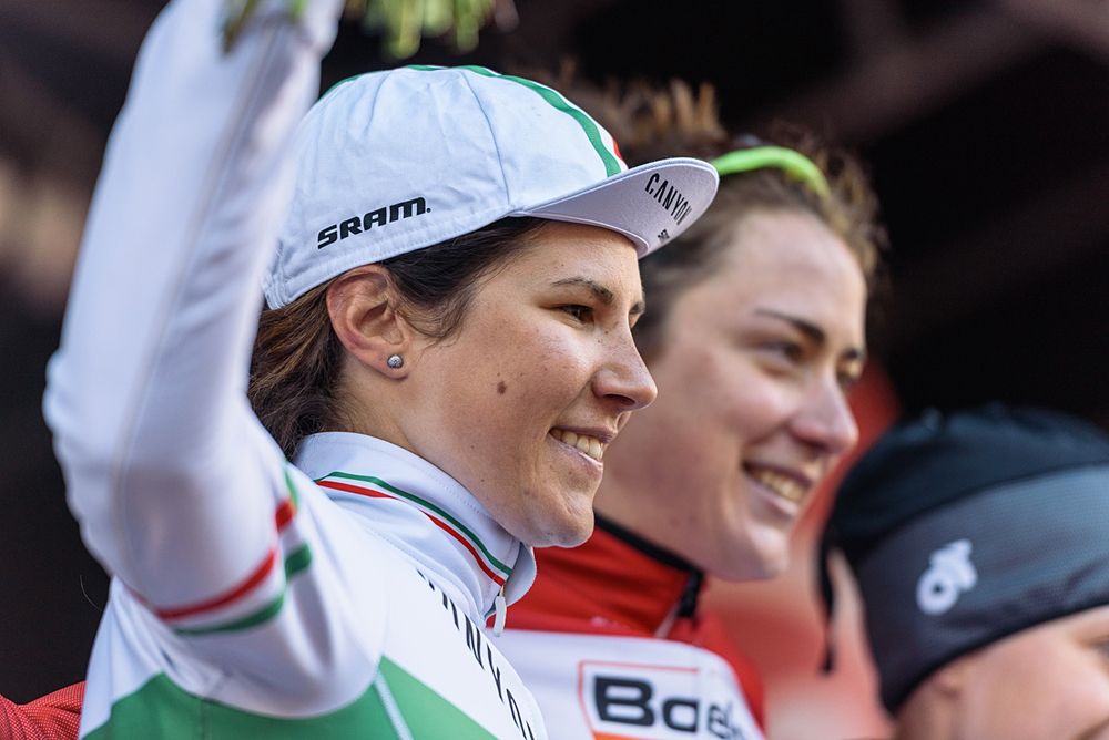 Race winner Christine Majerus on the top step of the podium at Dwars door de Westhoek 2016