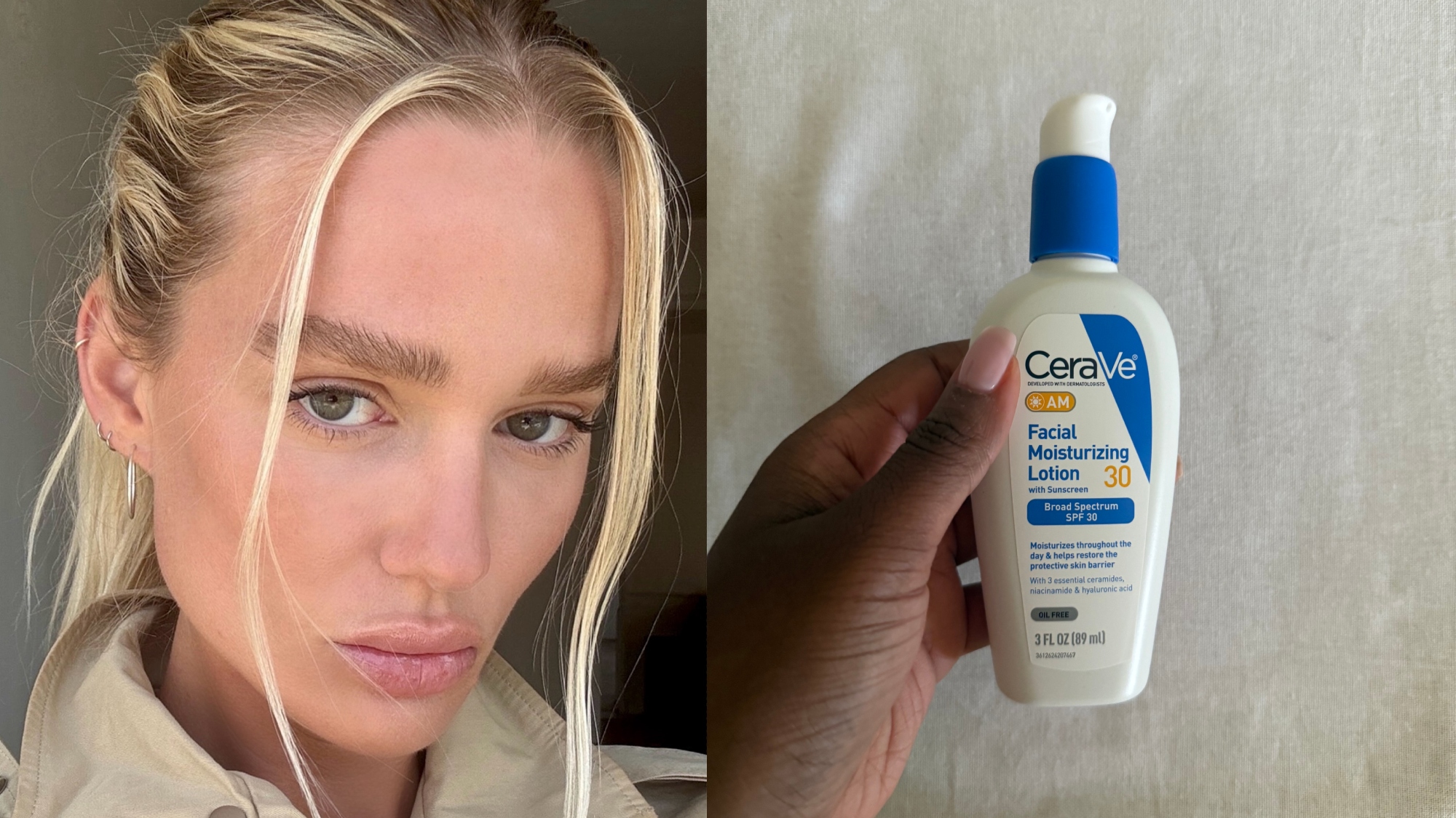 Megan Adelaide with glowing skin and CeraVe AM Facial Moisturizing Lotion tested by Maya Thomas 
