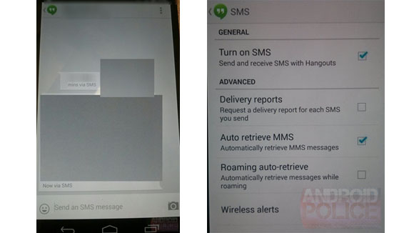 Google Hangouts SMS leaked screenshots