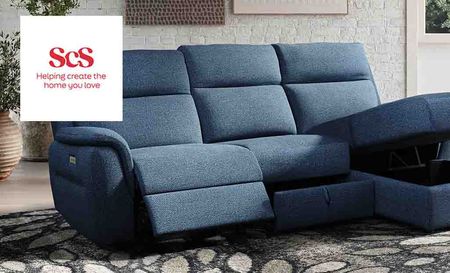 scs logo top left with a blue sofa with reclining foot rests