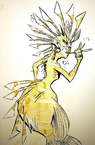 Humiston draws spines and quills to create this punk mermaid