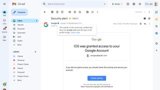 An example Gmail email showing a blue checkmark next to a sender. A cursor hovers over the checkmark, generating a box that says "This sender of this email has verified that they own google.com and the logo in the profile image."