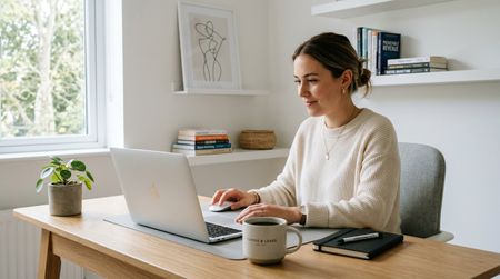 woman sat at a desk using a macbook to do lead generation 