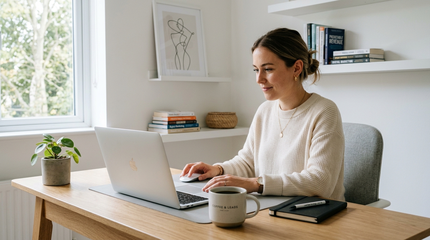 woman sat at a desk using a macbook to do lead generation 