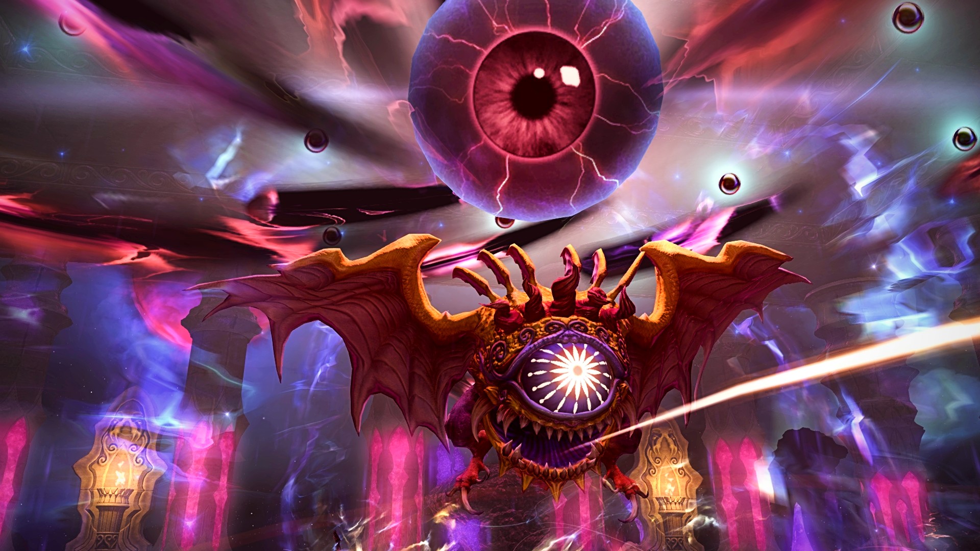 A one-eyed enemy dominates the screen in Final Fantasy 14's Crystal Tower raid