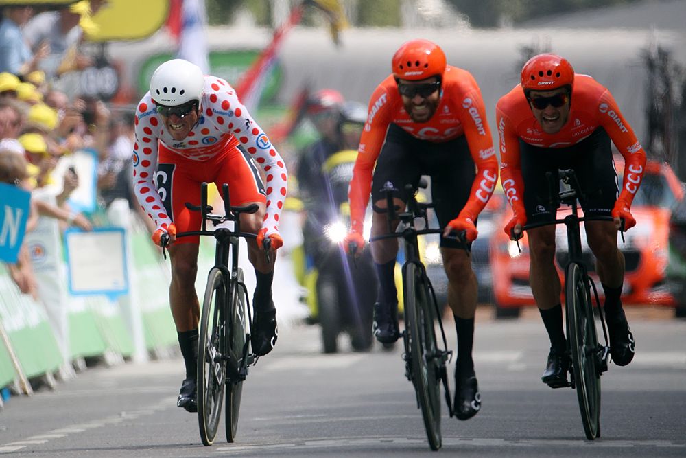 Greg Van Avermaet (CCC) wears the mountain jersey during the team time trial at the Tour de France