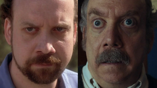 Stills of Paul Giamatti in The Holdovers and Sideways.