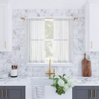 white cafe curtains in kitchen