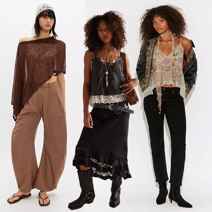 Models wear Free People clothing. On the left the model is wearing a brown sheer poncho and barrel leg pants, the middle one is wearing a half slip skirt and layered tank tops, and the one on the right is wearing a embellished tank, skinny scarf with black jeans. 