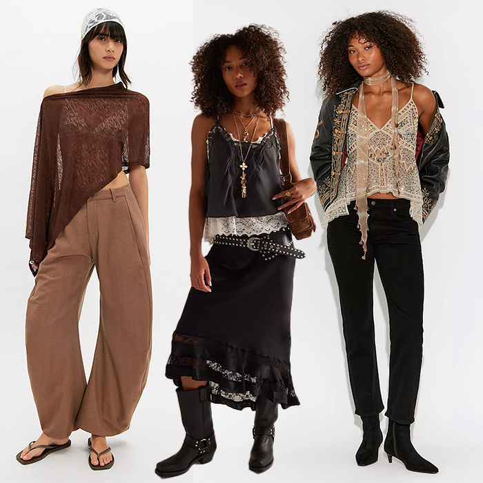 Models wear Free People clothing. On the left the model is wearing a brown sheer poncho and barrel leg pants, the middle one is wearing a half slip skirt and layered tank tops, and the one on the right is wearing a embellished tank, skinny scarf with black jeans. 