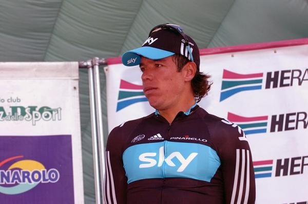 Rigoberto Uran (Sky) on the podium for his third place finish at the Giro dell'Emilia
