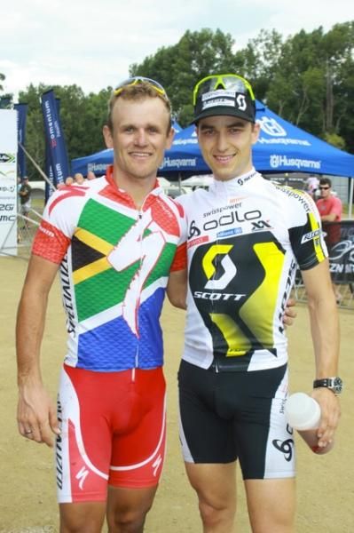 South African icon Burry Stander (Specialized racing, left) and Swiss star Nino Schurter (Scott-Swisspower) after the Momentum Health XCO International at the cascades MTB Park
