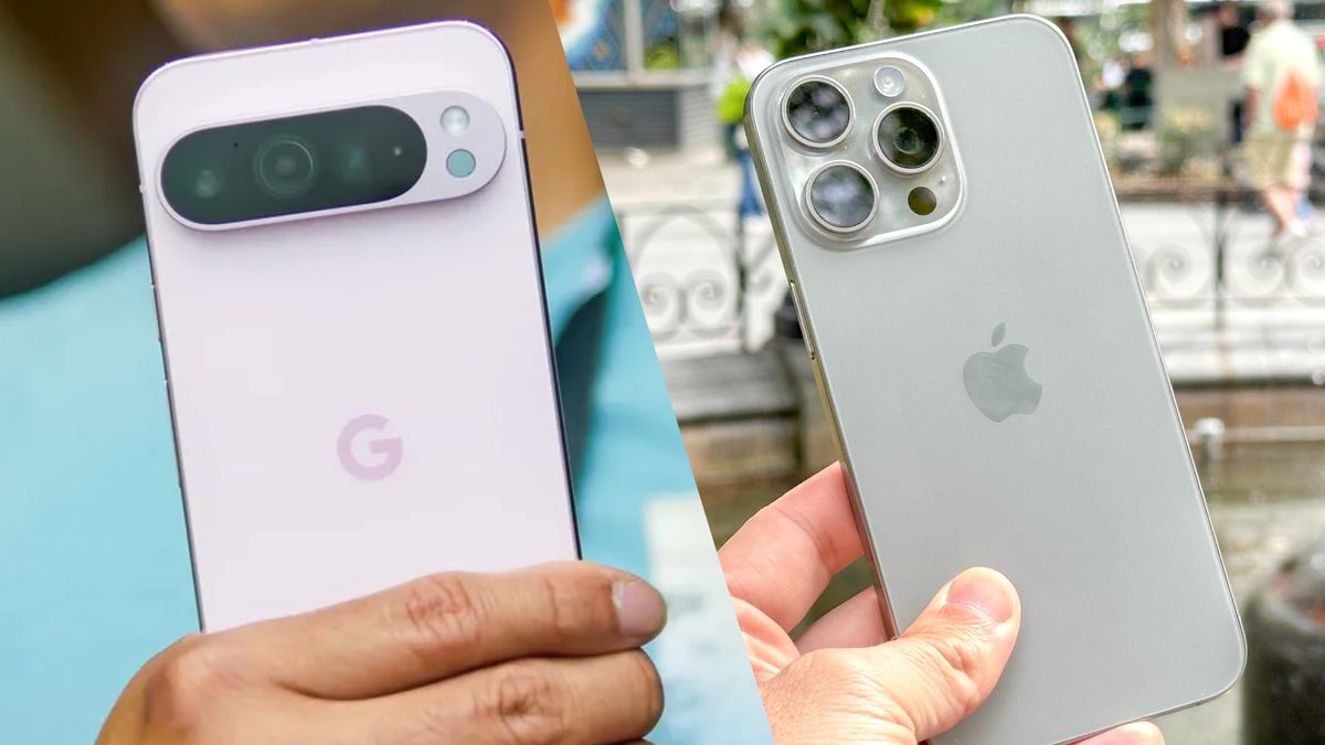 Google Pixel 9 Pro XL in hand showing cameras next to iPhone 15 Pro Max in hand