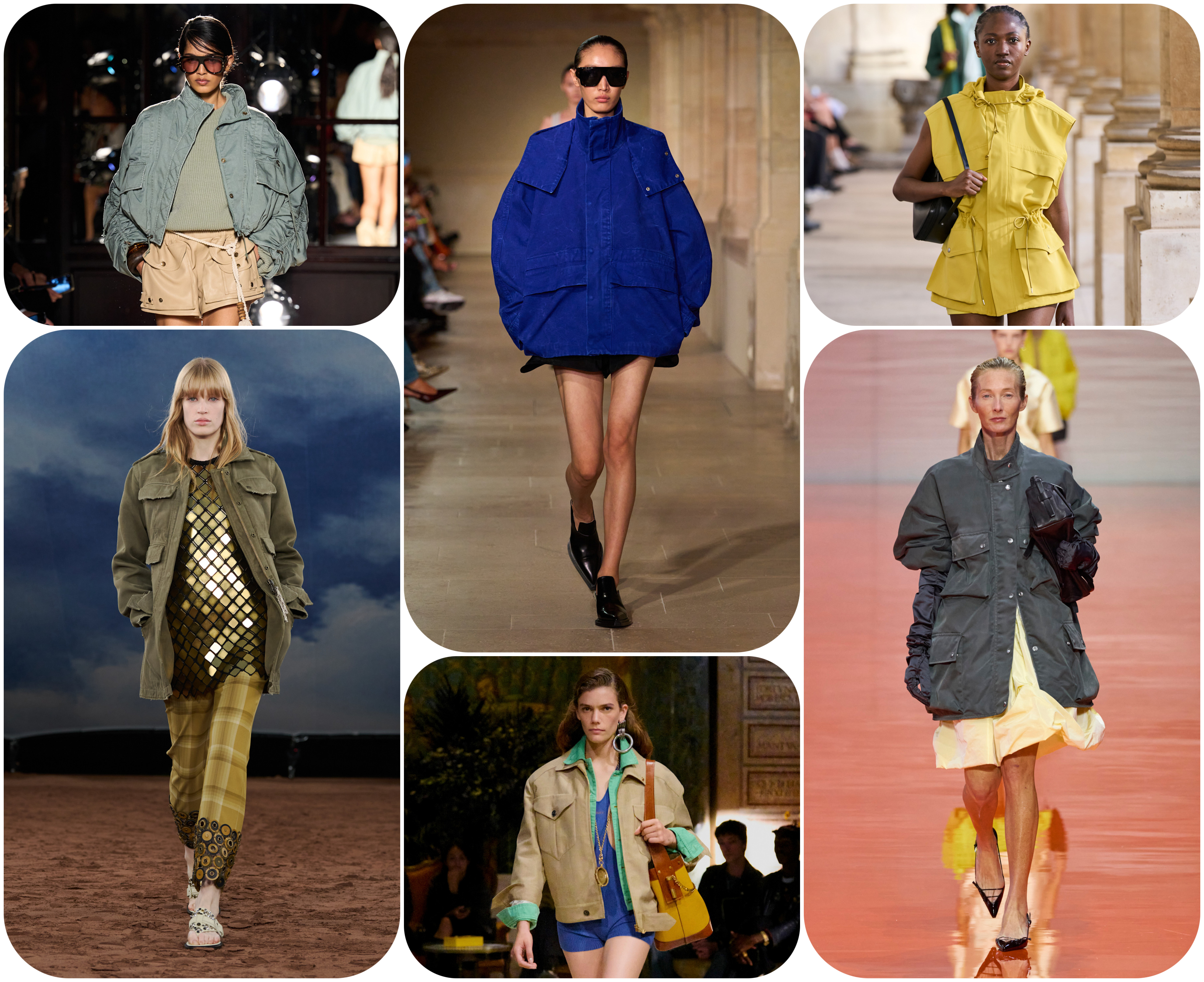 spring 2026 jacket trends, cargo jackets at Balmain, Burberry, Victoria Beckham, Verscace, Auralee, and Prada