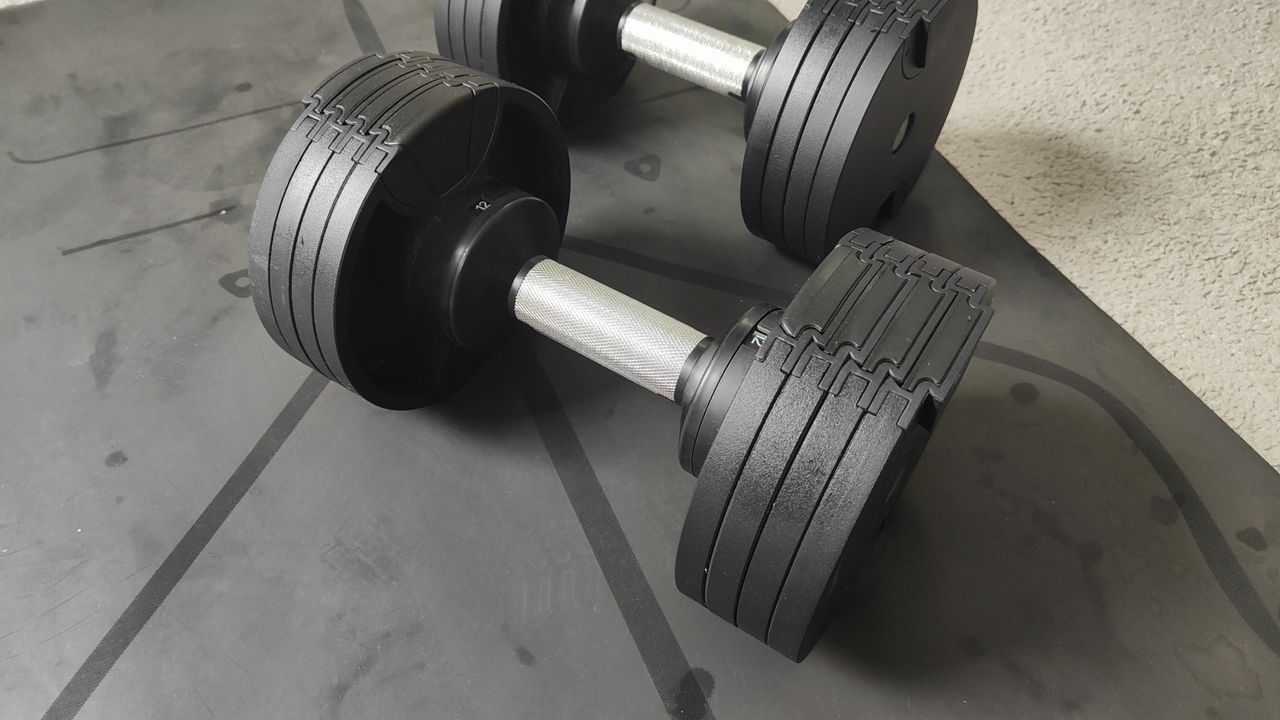 Closeup of the BLK BOX Adjustable Dumbbell on a carpeted floor