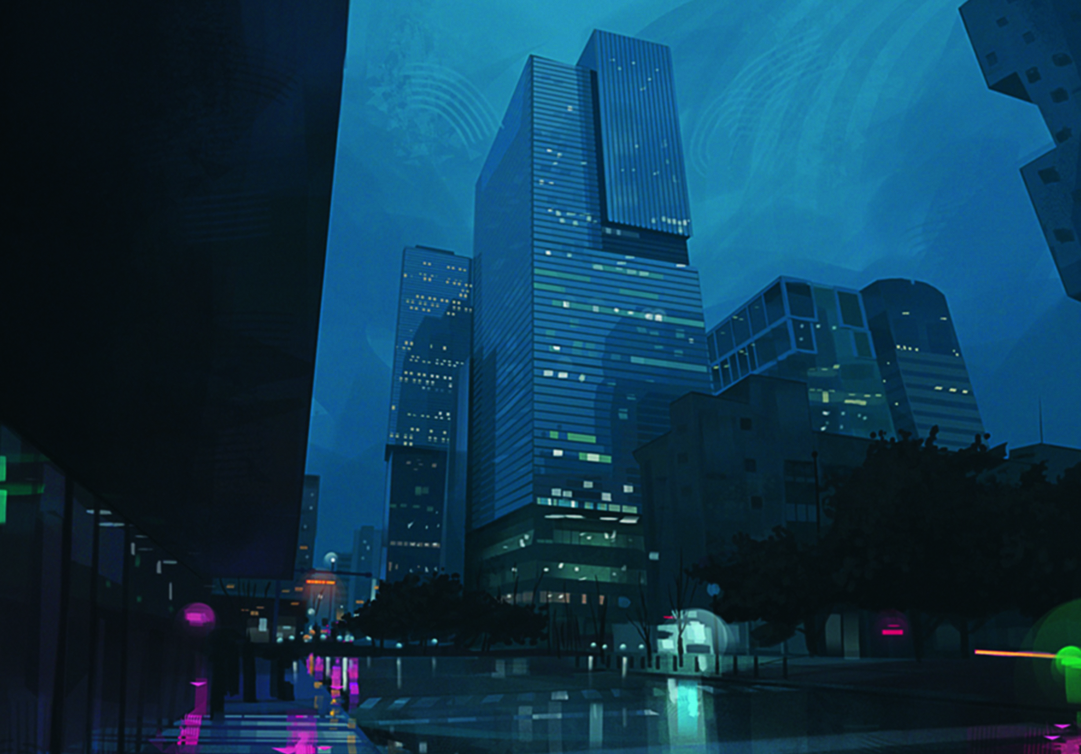 Digital artwork showing a rainy city at night