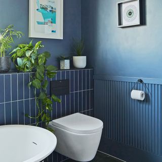 A dark blue bathroom with rectangular tile and ribbed cladding decor, white wall-hung toilet, framed wall art, indoor houseplants on shelving area