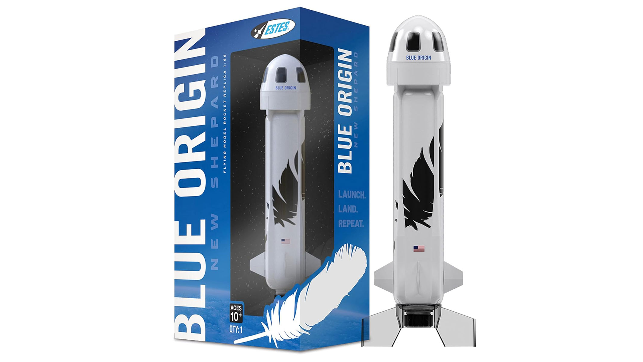 A white rocket with a black feather on the front and a rounded head is next to e a blue product box which reads "Blue Origin" all on a white background.