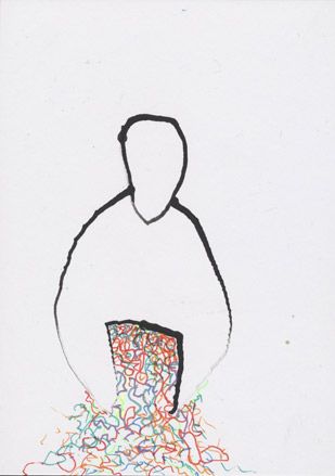 Black outline drawing of a man with coloured scribbles coming out stomach