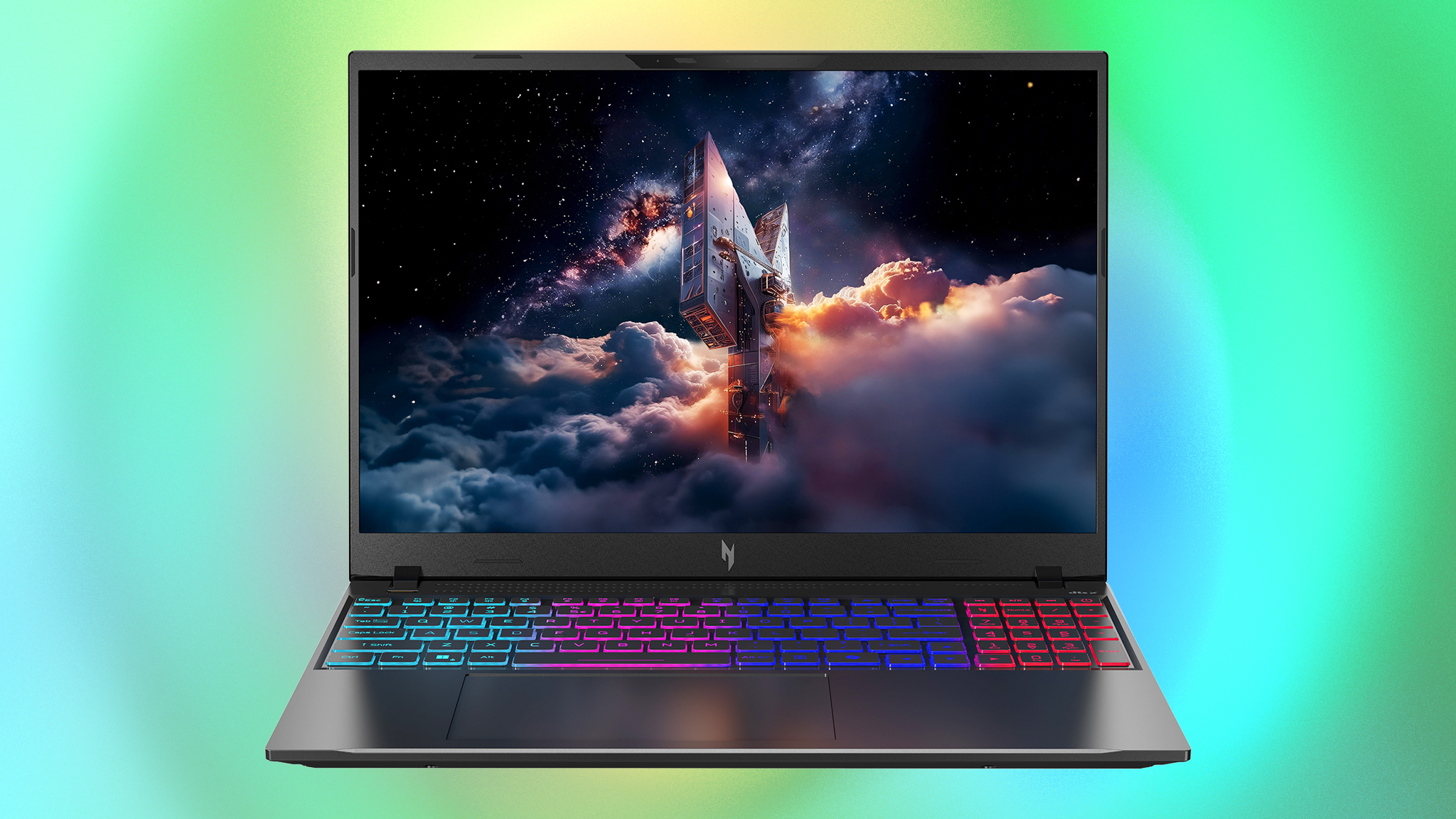 Acer Nitro V 16S AI gaming laptop on a colorful green, blue, and yellow background. 