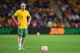 Aaron Mooy of Australia prepares to take a free kick during the International Friendly match between the Australia Socceroos and the New Zealand All Whites at Suncorp Stadium on September 22, 2022 in Brisbane, Australia.