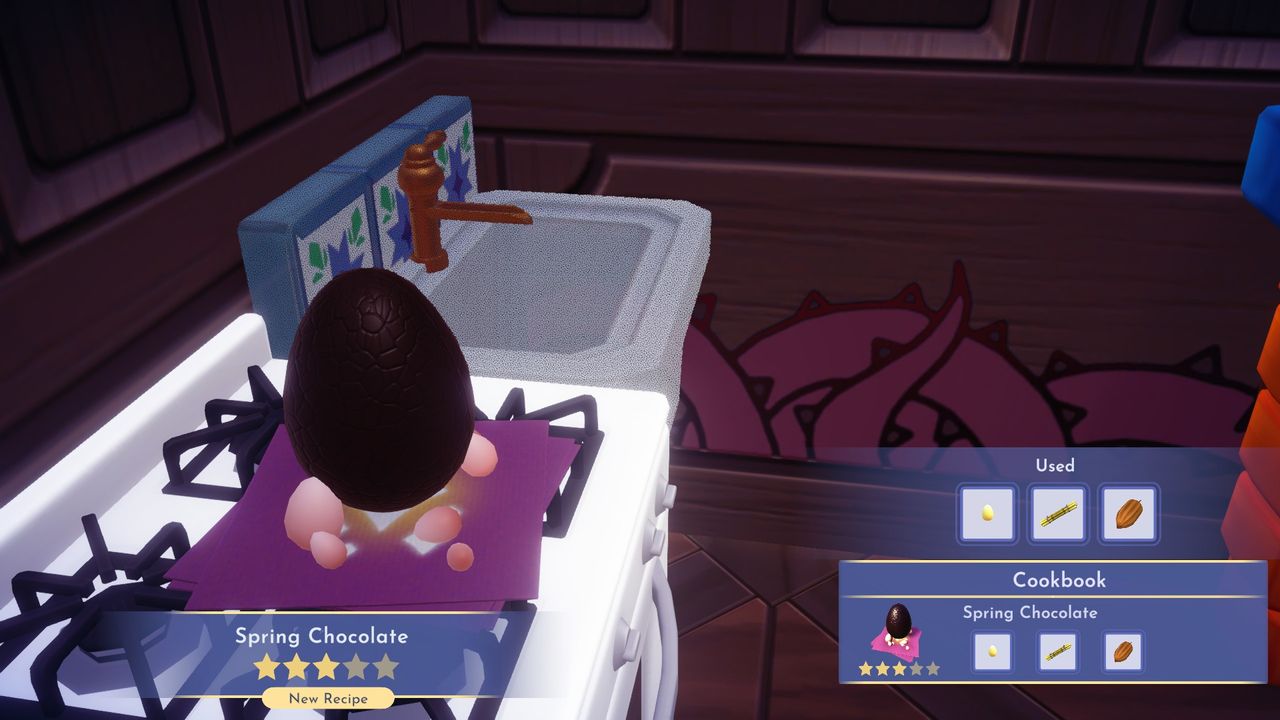 Three egg recipes on a stovetop in Disney Dreamlight valley