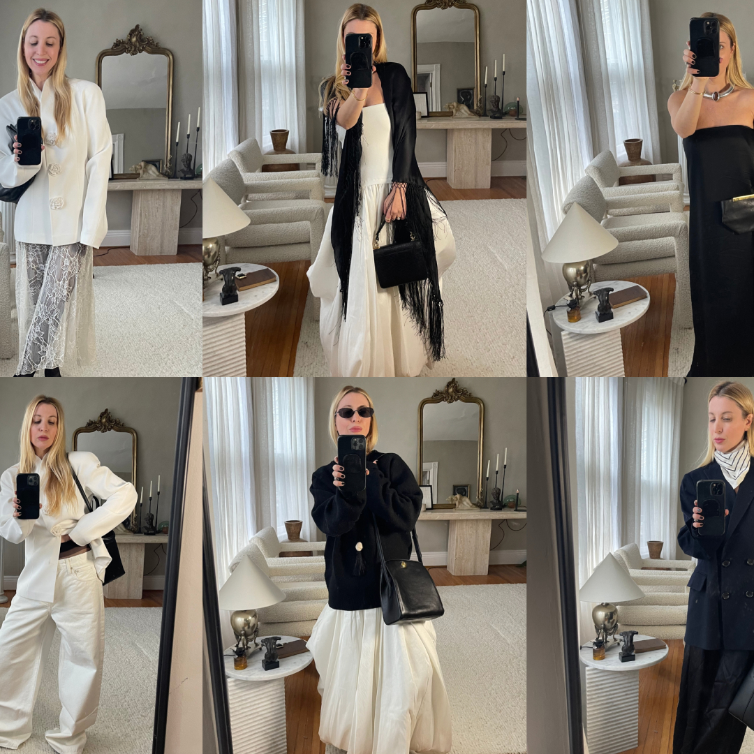 a collage of kerry pieri wearing eveningwear, white jeans and a white blazer, white dress, and black silk gown