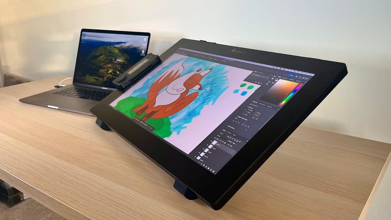 Xencelabs Pen Display 24+ in a flatter tilted position with cartoon fox on screen