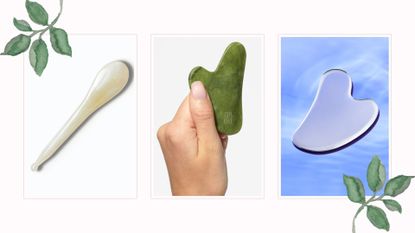 composite of three of the best gua sha tools from Muihood, Beauty Bay, UpCircle with a leaf border
