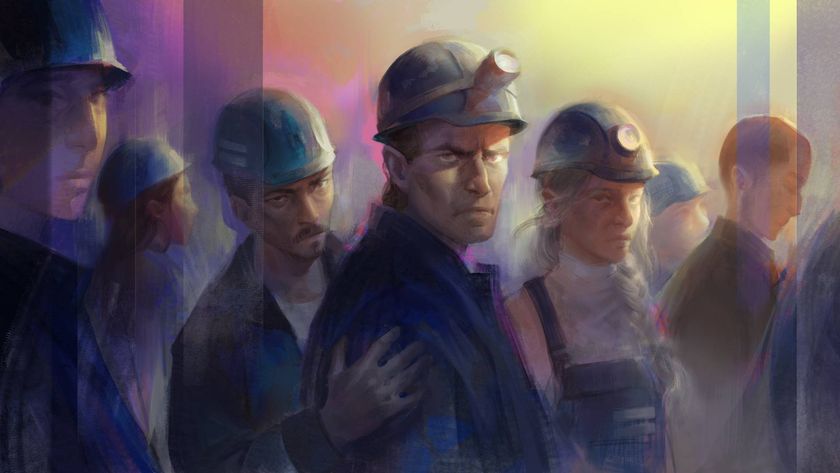 Official art for Hopetown, featuring a group of miners looking towards the camera.