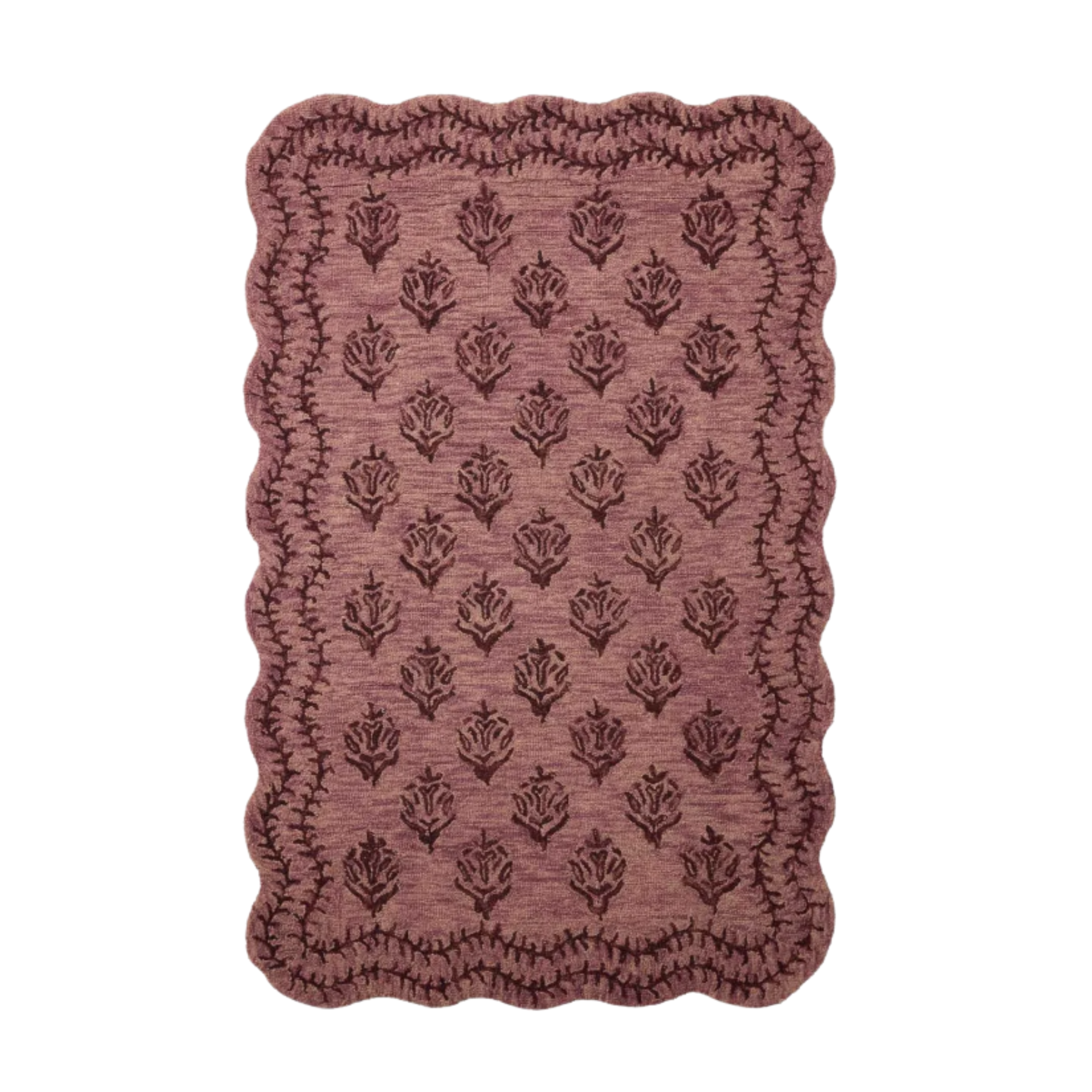 a merlot color rug with floral motifs and a wavy borde
