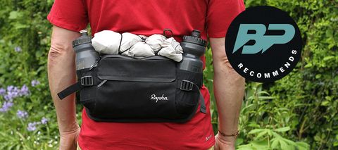 Back of man wearing Rapha Trail Hip Pack