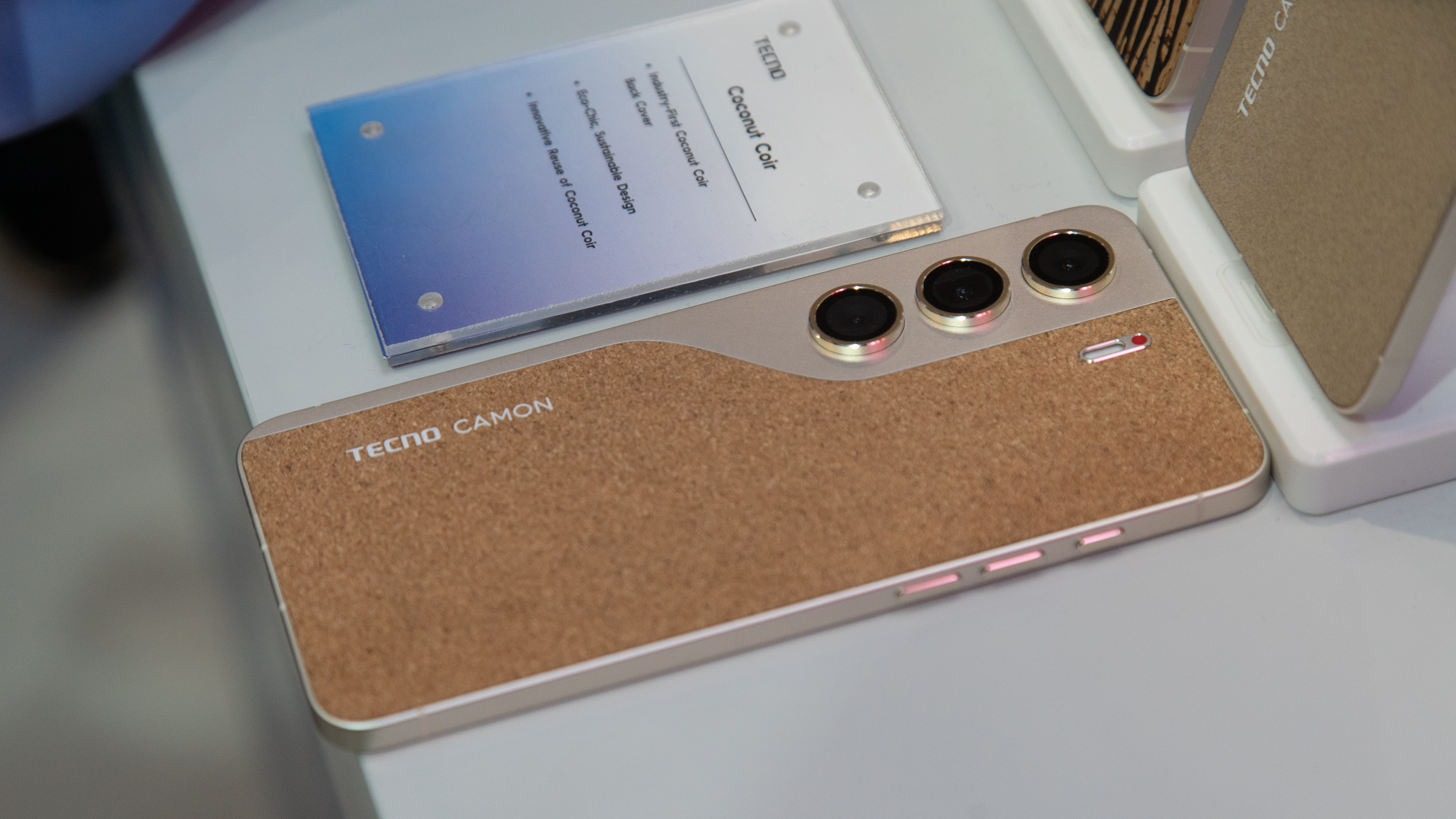 A concept TECNO phone with a coconut coir back