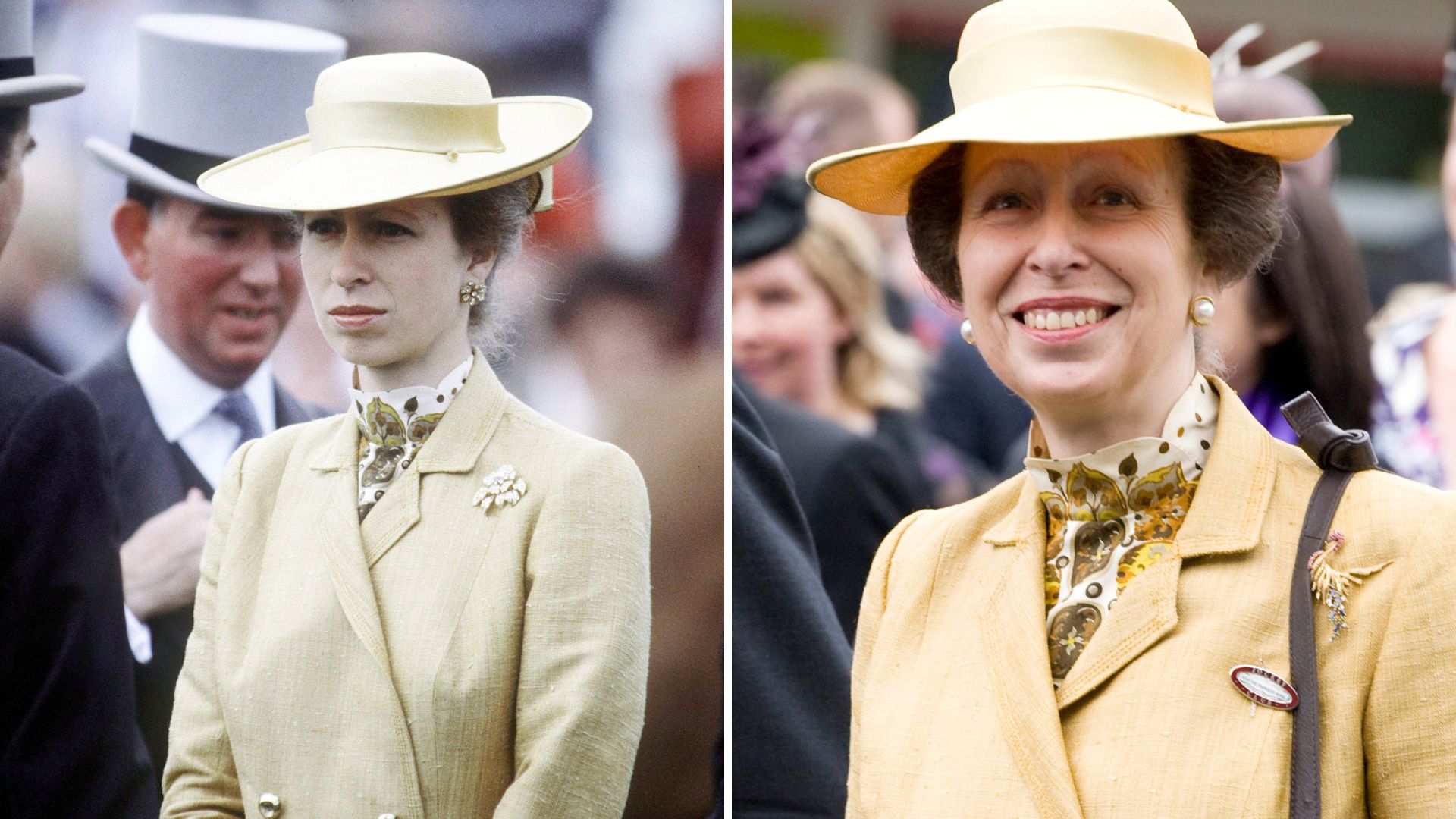 L-Princess Anne wearing a yellow outfit in 1982, R- Princess Anne wearing the same yellow outfit in 2011