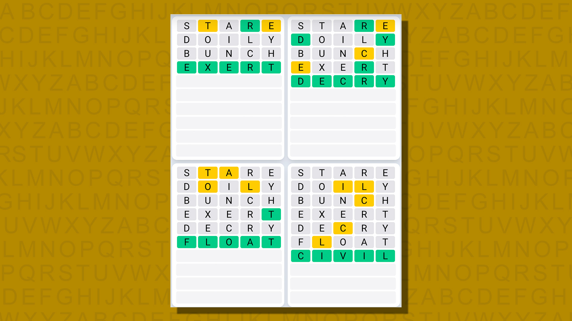 Quordle daily sequence answers for game 795 on a yellow background