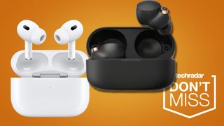 Apple AirPods Pro and Sony WF-1000XM4 on orange background