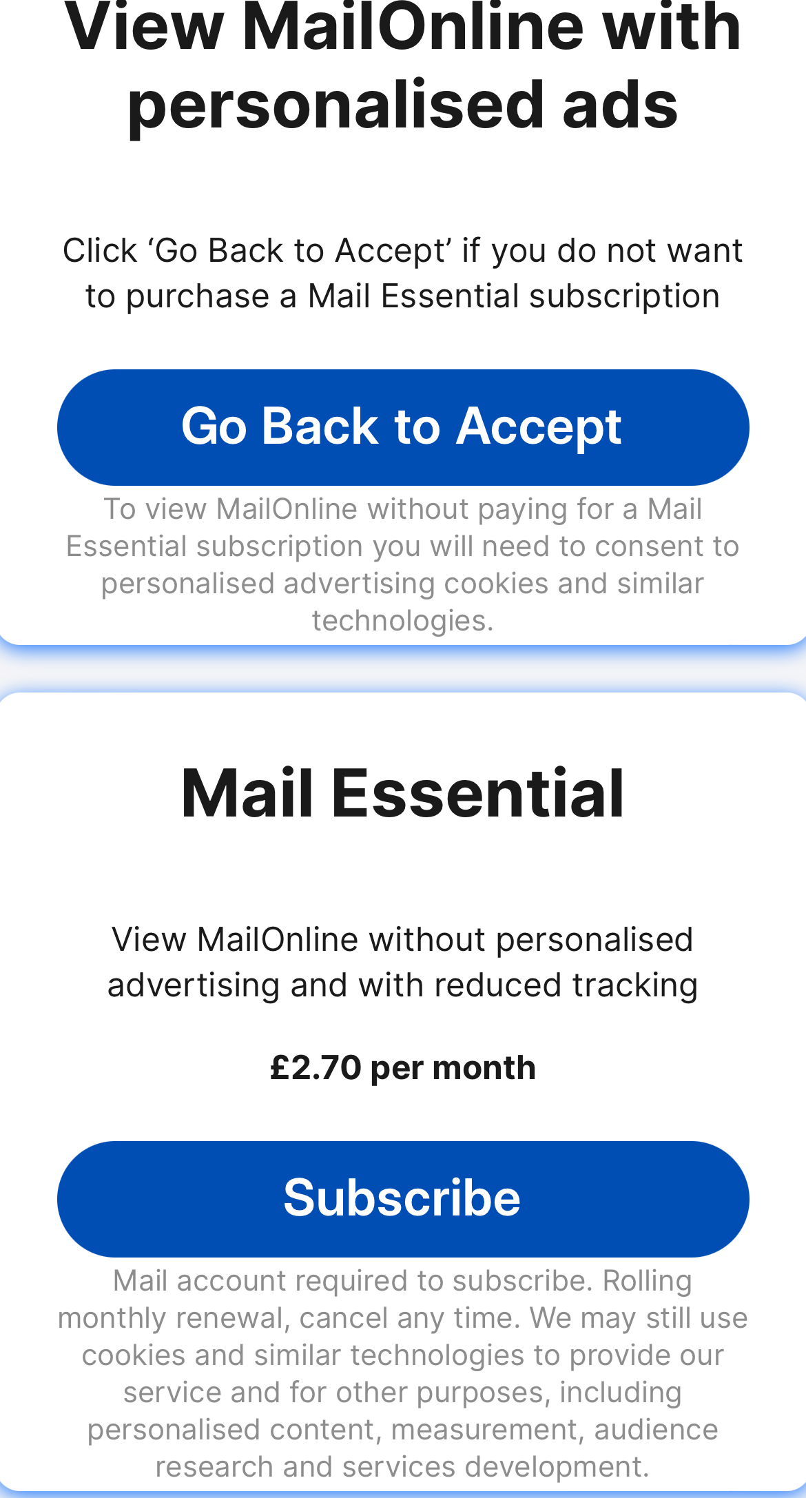 Screenshot of privacy paywall on the Daily Mail Online website, as of August 16, 2024.