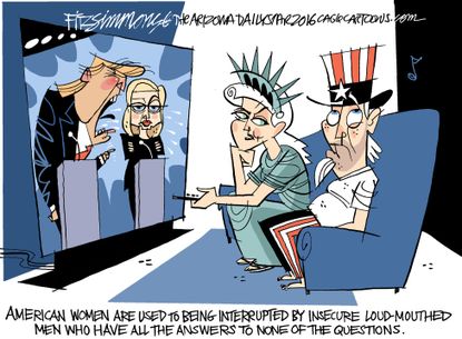 Political cartoon U.S. 2016 election Donald Trump Hillary Clinton interruptions