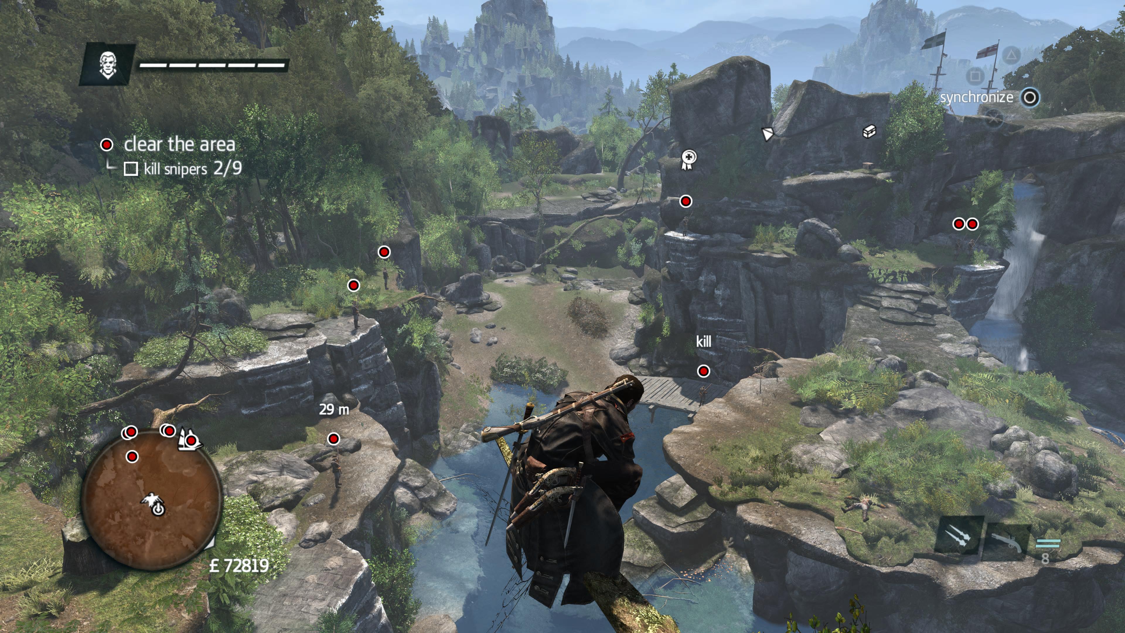 Shay looks down at a North American forest in Assassin's Creed Rogue Remastered from a vantage point, with enemy snipers lying in wait below him