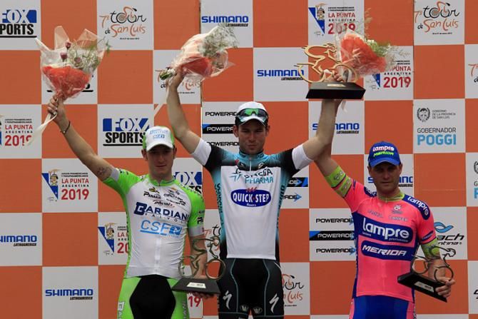 Tour de San Luis stage 1 podium (L-R): Sacha Modolo, Mark Cavendish and Alessandro Petacchi